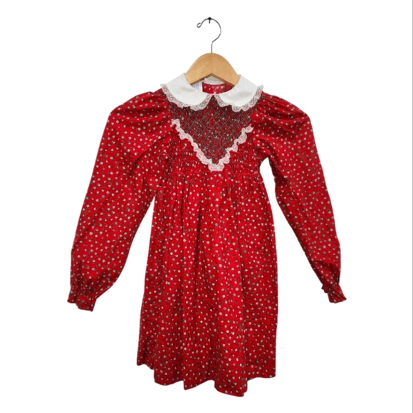 Vtg Winnie The Pooh Dress Girls Size 6XL Smocked Peter Pan Lace Collar Christmas - Picture 1 of 11